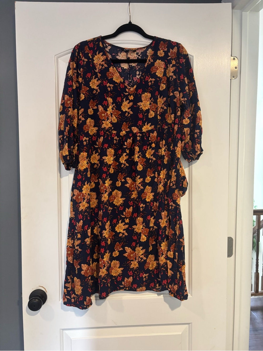 Women’s Navy Floral Shift Dress with Mustard Blooms